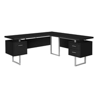 Monarch Specialties - 7619 Bureau 70 po - Noir/Metal Argent/Face L/R-Bureau d'ordinateur à panneaux épais en forme de L au fini noir avec 3 tiroirs de rangement et 3 pieds en métal au fini argenté