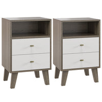 HOMCOM - Table de nuit avec 3 tiroirs et rangement ouvert - gris - lot de 2-Style moderne, corps gris et blanc avec poignées en métal doré 