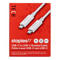 Staples - TECH Câble de chargement USB-C vers USB-C - 3,3 pi - 10Gbps/sec - blanc-Câble de chargement USB-C vers USB-C de 3,3 pi (1 m) qui transfère les données à des vitesses allant jusqu’à 10 Gb/s