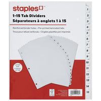 Staples - Intercalaires pré-imprimés - 1-15 - Blancs-Les intercalaires sont numérotés de 1 à 15 pour une meilleure organisation des documents.