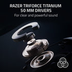 Razer - Blackshark V2 PRO PlayStation Casque esport sans fill pour Playstation 5 - Blanc-Haut-parleurs en titane 50 mm razer triforce: un son clair et puissant. notre casque gaming sans fil pour xbox ou playstation/ps5 est doté de membranes revêtues de titane pour une clarté accrue. sa conception brevetée sépare les membranes en 3 parties pour un réglage individuel des aigus, des médiums et des graves. résultat : un profil sonore plus dynamique avec des médiums plus précis, des aigus plus riches et des bass