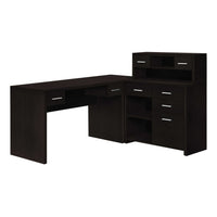 Monarch Specialties - 7018 Bureau - Espresso De Coin Cote Droit Ou Gauche-Ce bureau d'ordinateur moderne en forme de L avec rangement et étagère présente une construction à panneaux épais dans une finition stratifiée brun espresso.