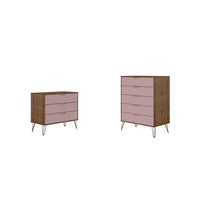 Manhattan Comfort - Rockefeller ensemble de commodes de chambre à coucher style milieu du siècle - nature et rose pâle - lot de 2-Commode haute à 5 tiroirs de style milieu du siècle moderne et commode standard à 3 tiroirs pour chambre