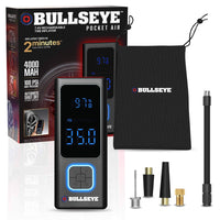 Bullseye - Compresseur d'air et Powerbank portable rechargeable Pocket Air-FACILE À TRANSPORTER : Le compresseur d'air portable de gonfleur de pneu Pocket Air Pump, par Bullseye Pro, est conçu pour s'adapter confortablement dans votre boîte à gants, votre sac à dos ou même votre poche ! Que vous soyez en voyage sur la route, en aventure à vélo ou simplement en navettage, sa taille ultra-compacte garantit que vous êtes toujours prêt. Pesant moins d'une livre, cette pompe à air portable de pneu de voiture vou