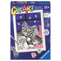 Ravensburger - CreArt peinture par numéros Sleepy Kitties-Comprend 1 tableau de peinture épaisse pré-imprimé ; peintures acryliques inodores à base d'eau en pots refermables ; 1 pinceau à pointe fine durable ; 1 palette porte-peinture ; une fiche guide facile à suivre ; et un cadre