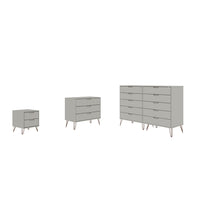 Manhattan Comfort - Rockefeller ensemble de commodes de chambre à coucher style milieu du siècle moderne - blanc cassé - ensemble de 3-Commode haute double large de style milieu du siècle moderne, commode standard et table de chevet pour chambre à coucher, ensemble de 3