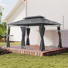 Outsunny - Pavillon de patio à double toit avec rideaux 10 pi l x 13 pi L - gris-Les trous dans les pieds permettent une fixation sécurisée pour une stabilité accrue