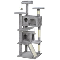 PawHut - Arbre à chat 54 po avec poteaux à griffer, condos - gris clair-Le centre de jeux d'activités garde les chats divertis et actifs 