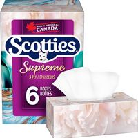 Scotties Supreme Lot de 6 boîtes de mouchoirs doux et résistants à 3 plis - Paquet de 6-Super doux et résistant : Profitez de mouchoirs 3 épaisseurs qui sont doux pour les peaux sensibles tout en étant tenaces pour les tâches difficiles