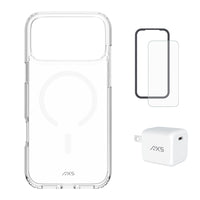 AXS - Ensemble de départ - Ultra Clear, protecteur d'écran et chargeur 30W pour iPhone 17 Pro Max-Étui résistant aux chutes avec des poches d’air absorbant les chocs