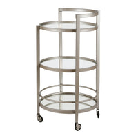 Hudson&Canal - Chariot de bar rond Hause de 21 po de largeur - Nickel satiné-Un design contemporain moderne pour votre cuisine, votre bureau, votre espace de divertissement et plus encore