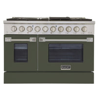 Kucht - 48 po Série KNG Cuisinière Pro Style au gaz propane - Acier inoxydable/Vert olive-Cuisinez et pâtissez comme un professionnel grâce à deux fours séparés dotés de larges vitres. Le four principal est un four robuste en porcelaine bleue d’une capacité de 4,2 pi³, tandis que le four latéral supplémentaire offre une capacité de 2,5 pi³