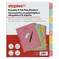 Staples - Intercalaires effaçables à sec - 8 onglets - Couleurs variées-ensembles de séparateurs en polyéthylène aux couleurs vives