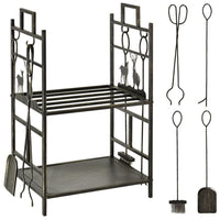 Outsunny - Porte-bûches 2 niveaux robuste avec 4 outils- noir et or-Le porte-bûches pour cheminée intérieur peut contenir une bonne quantité de bois pour alimenter votre cheminée toute la journée   