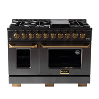 Kucht - 48 po Série KEG style professionnel au gaz - Gemstone-Cuisinez et faites cuire comme un professionnel grâce à deux fours séparés dotés de grandes fenêtres de visualisation, le four principal en porcelaine bleue robuste d’une capacité de 4,2 pi³ et le four latéral additionnel de 2,5 pi³