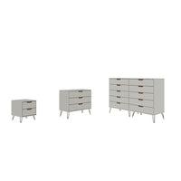 Manhattan Comfort - Rockefeller ensemble de commodes de chambre à coucher style milieu du siècle - blanc cassé et naturel - ensemble de 3-Commode haute double largeur style milieu du siècle moderne, commode standard et table de chevet pour chambre à coucher, ensemble de 3