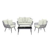 Manhattan Comfort - Ensemble de conversation moderne Portofino pour patio, 4 personnes, avec table basse - gris et crème - ensemble de 4-Ensemble de conversation d'extérieur moderne 4 pièces avec 2 fauteuils, 1 canapé et 1 table basse