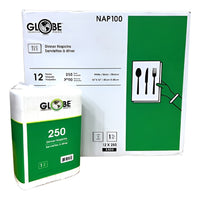 Globe Commercial - Serviettes de table NAP100 - Pliage 1/8 - 15" x 17" - 1 pli - Blanches - 250 serviettes/paquet - Paquet de 12-Fibre vierge