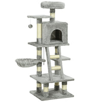 PawHut - Arbre à chat d’intérieur avec maisonnette, hamac, lit - gris clair-Conception multi-activités avec des perchoirs, un hamac, un lit et une grande maison pour les divertir 