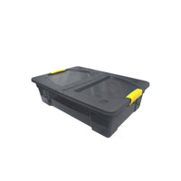Modern Homes - Bac de rangement avec couvercle - 28 L - Gris translucide avec poignées jaunes-Capacité de 28 L idéale pour organiser les articles de la maison, du bureau ou les articles saisonniers