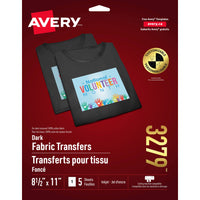 Transferts à jet d’encre pour chandail foncé d’Avery, jet d’encre, 8 1/2 po x 11 po, paquet de 5 (03279)-Favorisez l’esprit d’équipe en personnalisant des t-shirts, des débardeurs, des chandails en molleton ou des sacs.