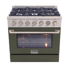 Kucht - 36 po Série KNG Cuisinière Pro Style au gaz naturel - Acier inoxydable/Vert olive-Cuisinière à gaz 6 brûleurs incluant un brûleur double de 20 000 BTU TrueSimmer, un brûleur de 15 000 BTU, un brûleur de 12 000 BTU, deux brûleurs de 9 000 BTU et un brûleur de 6 000 BTU pour un mijotage délicat