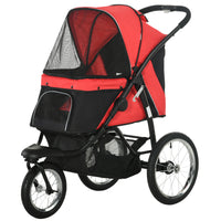 PawHut - Poussette pour animaux 3 grandes roues, poussette pour chien, transport pliable, rouge-Trois grandes roues en caoutchouc, la roue avant est verrouillable, convient à tous les terrains 