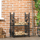 Outsunny - Porte-bûches à 2 niveaux avec 4 outils et crochets- support à bûches- noir-4 outils supplémentaires pour le bois de chauffage pour répondre à tous vos besoins quotidiens, y compris une pelle, un balai, un tisonnier et des pinces 