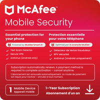 McAfee - Mobile Security Logiciel antivirus pour 1 appareil (Android/iOS) - abonnement d'un an avec renouvellement automatique [téléchargement]-Restez protégé grâce à notre logiciel antivirus primé, optimisé par l'IA avancée McAfee™.
