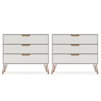 Manhattan Comfort - Rockefeller commode 3 tiroirs de 89,5 cm style milieu du siècle, blanc cassé et naturel, lot de 2-Commode Mid-Century Modern pour chambre à coucher lot de 2