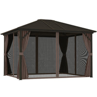 Outsunny - Gazebo Deluxe Hardtop de 10' x 12' avec rideaux et moustiquaire - couleur café-Cadre en aluminium résistant à la rouille et toit en acier solide pour une grande durabilité 