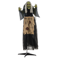 Outsunny - Sorcière animée 4 pi avec activation sonore - gris-Animatronique d'Halloween amusant et mobile : sorcière bossue, avec tête et épaules mobiles 