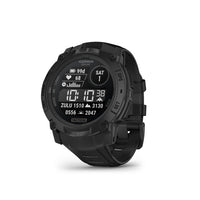 Garmin - Instinct 3 - 50 mm, solaire, édition tactique, noir avec bracelet noir-CHARGE SOLAIRE - Pour ceux qui recherchent une autonomie de batterie encore plus grande pour leurs aventures en plein air, la série Instinct 3 - Tactical Edition propose des options avec un écran monochrome, visible au soleil, transflectif à mémoire en pixels (MIP) avec une lentille de charge solaire qui prolonge la durée de vie de la batterie jusqu'à 40 jours (illimité avec l'énergie solaire) en mode montre intelligente sur le 