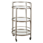 Hudson&Canal - Chariot de bar rond Hause de 21 po de largeur - Nickel satiné-Comprend un plateau et une étagère en verre trempé