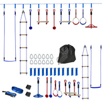 Qaba - Parcours d'obstacles pour enfants Ninja Warrior - 32,8' - Bleu-Six kits de tyrolienne pour répondre aux différentes préférences de jeu 