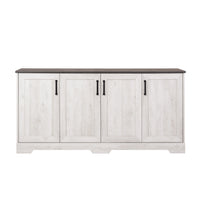 Prepac - Table console Rustic Ridge 4 portes 66 po avec rangement, buffet avec étagères - Blanc vieilli-Armoire de rangement contemporaine blanche avec charme de ferme: Ce buffet avec rangement présente une finition blanchie à la chaux 2 tons avec un plateau en planches de chêne gris rustique, des portes à onglets et des poignées en métal chanfreinées