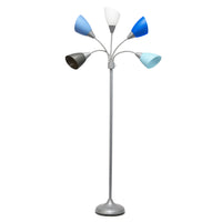 Simple Designs - Lampe de sol noire à col de cygne réglable, 5 lampes, Argent avec trois nuances de bleu, un abat-jour gris + un abat-jour blanc-Base métallique : Ce lampadaire contemporain a une base métallique argenté 10" pour une stabilité exceptionnelle.  Il s'harmonise avec tous les décors