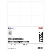 Avery - Étiquettes Imperméables - 1 po x 2.575 po - Paquet de 1500-Blanc
