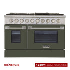 Kucht - 48 po Série KDF Cuisinière Pro Style au gaz naturel - Acier inoxydable/Vert olive-Cuisinière de classe professionnelle dotée de 2 brûleurs doubles de 20000 BTU avec fonction mijotage, 2 brûleurs de 12000 BTU, 2 brûleurs de 9000 BTU et 2 brûleurs de 6000 BTU