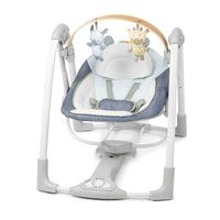 Ingenuity - Balancelle portable Swing 'n Go - Chambray-Balancelle haute performance avec 5 vitesses et technologie TrueSpeed détection de poids, minuteur et moteur WhisperQuiet. Appuie tête ajustable en peluche et housse de siège avec boa tout doux et matériaux de qualité