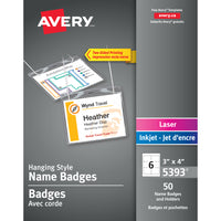 Avery - Trousse pour insignes laser/jet d'encre avec portes-insignes à ficelle, 4 po x 3 po, paq./50-Créez des insignes d'identité pour réunions et congrès à l'aide de votre imprimante laser  