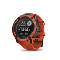 Garmin - Instinct 2X Solaire - Rouge Flamme-Cette montre ultrarésistante est dotée d'un écran chargé à l'énergie solaire et d'un boîtier en polymère robuste de 50 mm. Il est résistant à l'eau jusqu'à 100 mètres et testé selon les normes militaires américaines 810 en matière de résistance thermique, aux chocs et à l'eau