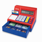 Ressources d'apprentissage - Calculatrice de simulation et de jeu Caisse enregistreuse avec monnaie canadienne-L'ensemble de 77 pièces comprend des répliques de billets et de pièces de monnaie canadiens