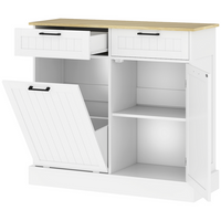 HOMCOM - Buffet avec armoire à déchets basculante à panneaux rainurés 10 gallons et tiroirs - blanc-L’armoire à poubelle dissimulée garde les environs propres et sans odeurs 