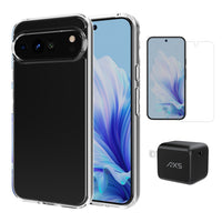 AXS - Ensemble de départ - étui ULTRA CLEAR transparent testé contre les chutes, protecteur d’écran et chargeur 30W pour Google Pixel 9 Pro XL - Clear-Étui résistant aux chutes avec des poches d’air absorbant les chocs