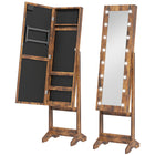 HOMCOM - Armoire à bijoux miroir avec lumières led - 14,25 po L x 11,75 po l x 53,5 po H - brun rustique-Construction solide en MDF avec finition blanche, doublure noire pour protéger les bijoux des rayures 