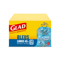 50 Sacs bleus longs ForceFlex de Glad pour la récupération d’une capacité de 45 L-SACS DE RECYCLAGE GRANDS BLEU: Boîte de 50 sacs de recyclage Glad de 45 L, bleus
