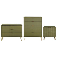 Manhattan Comfort - Dumbo table de chevet moderne, commode et commode haute 5 tiroirs - vert olive - ensemble de 3-Commode de chambre moderne-contemporaine avec une touche de glamour comprenant une commode standard, une commode haute et une table de nuit 2.0