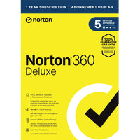 Norton - 360 Deluxe logiciel antivirus - 5 appareils - abonnement d'un an-Protection contre les menaces en temps réel: Sécurité avancée avec plusieurs niveaux de protection pour jusqu’à 5 PC, Mac, téléphones intelligents ou tablettes afin de lutter automatiquement contre les menaces nouvelles et actuelles, y compris différents types de logiciels malveillants, comme les logiciels de rançon, les logiciels espions, les virus, l’hameçonnage, etc.