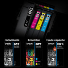 Epson - Cartouches d’encre 802 - Noir grande capacité/Couleur standard CMJ-Le système d’impression Epson est particulièrement conçu pour être utilisé avec les encres d’origine Epson. L’utilisation d’encres non authentiques peut entraîner des dommages qui ne sont pas couverts par la garantie limitée de l’imprimante.